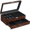 imageBEWISHOME HighEnd Watch Box 6Slot Watch Case and 3 Glasses Case 2Layer Wooden Mens Jewelry Box with Large Glass Lid Watch Display Case for Men Watch Storage PU Leather Interior Brown
