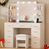 imageBEWISHOME Makeup Vanity Desk with Mirror and Lights White Vanity Table with Glass Top Power Outlet StoolMakeup Desk with 9 Drawers and 4 Storage ShelvesDressing Table for Bedroom Women FST39W