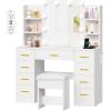 imageBEWISHOME Makeup Vanity Desk with Mirror and Lights White Vanity Table with Glass Top Power Outlet StoolMakeup Desk with 9 Drawers and 4 Storage ShelvesDressing Table for Bedroom Women FST39W