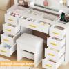 imageBEWISHOME Makeup Vanity Desk with Mirror and Lights White Vanity Table with Glass Top Power Outlet StoolMakeup Desk with 9 Drawers and 4 Storage ShelvesDressing Table for Bedroom Women FST39W