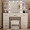 imageBEWISHOME Makeup Vanity Desk with Mirror and Lights White Vanity Table with Glass Top Power Outlet StoolMakeup Desk with 9 Drawers and 4 Storage ShelvesDressing Table for Bedroom Women FST39W