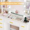 imageBEWISHOME Makeup Vanity Desk with Mirror and Lights White Vanity Table with Glass Top Power Outlet StoolMakeup Desk with 9 Drawers and 4 Storage ShelvesDressing Table for Bedroom Women FST39W
