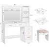 imageBEWISHOME Makeup Vanity Desk with Mirror and LightsWhite Vanity Table with Glass TopMakeup Desk with Power Outlet5 Drawers3 Lighting ModesStoolNightstandDressing Table for Bedroom Girls FST29W