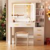 imageBEWISHOME Makeup Vanity Desk with Mirror and LightsWhite Vanity Table with Glass TopMakeup Desk with Power Outlet5 Drawers3 Lighting ModesStoolNightstandDressing Table for Bedroom Girls FST29W