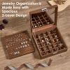imageBEWISHOME Ring Organizer and Earring Box Holder  11 Ring Slots 25 Earring Compartments Large Mirror 2 Layers Jewelry Box Tray Cufflinks Storage for Girls Women Men Black Faux Leather SSH21BBrown