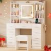 imageBEWISHOME Vanity Desk with Mirror and Lights Makeup Vanity Table with Power OutletStool Vanity Table with 9 Drawers 6 Storage Shelves Jewelry StorageDressing Table for Bedroom Girls White FST36W