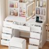 imageBEWISHOME Vanity Desk with Mirror and Lights Makeup Vanity Table with Power OutletStool Vanity Table with 9 Drawers 6 Storage Shelves Jewelry StorageDressing Table for Bedroom Girls White FST36W
