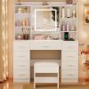 imageBEWISHOME Vanity Desk with Mirror and Lights Makeup Vanity Table with Power OutletStool Vanity Table with 9 Drawers 6 Storage Shelves Jewelry StorageDressing Table for Bedroom Girls White FST36W