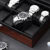 imageBEWISHOME Watch Case 12Slot Watch Box with Large Glass Lid Wooden Watch Box Organizer for Men Watch Storage with Removable Watch Pillows Synthetic Leather Interior Brown SSH12Y12 Solts