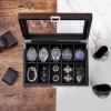 imageBEWISHOME Watch Case 12Slot Watch Box with Large Glass Lid Wooden Watch Box Organizer for Men Watch Storage with Removable Watch Pillows Synthetic Leather Interior Brown SSH12Y10 Solts