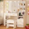 imageBEWISHOME White Vanity Desk with Mirror and LightsMakeup Vanity Set with Glass TopLarge Dressing Table with Charging Station4 DrawersNightstandStoolMakeup Desk for Girls Women Bedroom FST28W