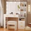 imageBEWISHOME White Vanity Desk with Mirror and LightsMakeup Vanity Set with Glass TopLarge Dressing Table with Charging Station4 DrawersNightstandStoolMakeup Desk for Girls Women Bedroom FST28W