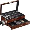imageBEWISHOME HighEnd Watch Box 6Slot Watch Case and 3 Glasses Case 2Layer Wooden Mens Jewelry Box with Large Glass Lid Watch Display Case for Men Watch Storage PU Leather Interior Brown