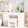 imageBEWISHOME Makeup Vanity Desk with Mirror and Lights White Vanity Table with Glass Top Power Outlet StoolMakeup Desk with 9 Drawers and 4 Storage ShelvesDressing Table for Bedroom Women FST39W