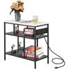 imageBEWISHOME Narrow Side Table with Charging Station Narrow End Table Night Stand Bedside Table with Metal Legs Black Nightstand for Living Room ampamp BedroomSmall Table Accent Table Bed Side Table KTZ03B