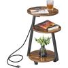imageBEWISHOME Round End Table with Charging Station Side Accent Table with 3Tier Shelves Small Couch Table for Living Room Greige KTZ51GRustic Brown