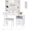 imageBEWISHOME White Vanity Desk with Mirror and LightsMakeup Vanity Table with Power OutletMovable NightstandMakeup Desk with 3 Colors ModesDressing Table with Sliding Mirror for Bedroom Girls FST18W