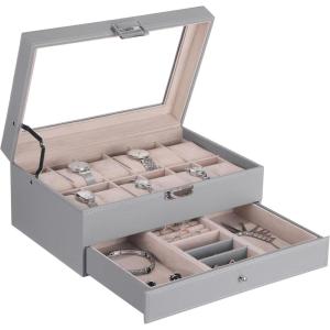 imageBEWISHOME 12Slot Watch Box Watch Case for Men 2Layer Watch Display Organizer Mens Jewelry Box Mens Watch Cases Glass Top Watch Hoder Black Synthetic Leather SSH02CGreyBeige