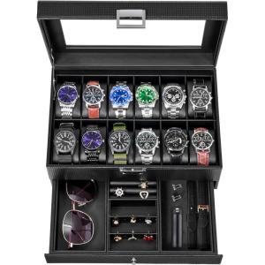 imageBEWISHOME 12Slot Watch Box Watch Case for Men 2Layer Watch Display Organizer Mens Jewelry Box Mens Watch Cases Glass Top Watch Hoder Black Synthetic Leather SSH02CBlackBlack