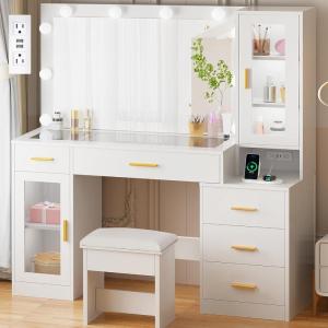 imageBEWISHOME 492quot Large Vanity Desk with Mirror and LightsWhite Makeup Vanity Table with Glass TopStoolMakeup Desk with Power Outlet5 DrawersNightstandDressing Table for Bedroom Women FST34W