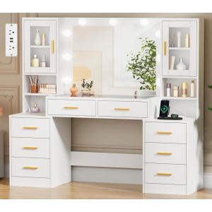 imageBEWISHOME 5512quot Large Vanity Desk with Mirror and LightsMakeup Vanity Table with Glass TopMakeup Desk with Power Outlet 8 DrawersDressing Table for Bedroom Women Girls White FST37W