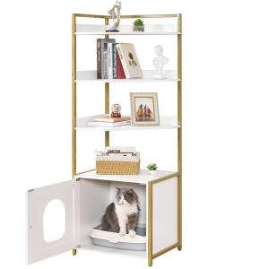 imageBEWISHOME Cat Litter Box Enclosure  Hidden Litter Box for Living Room Large Narrow Cat Furniture with 4 Tier Shelves and Door White Gold