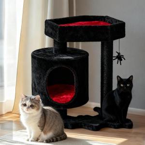 imageBEWISHOME Cat Tree Tower Gothic Cat Tree with Coffin Bed Halloween Gothic Cat House with Scratching Posts Spider Toy Cat Condo for Kittens Black and Red Small MMJ93RBlack and Red