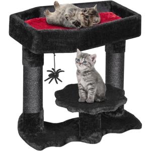 imageBEWISHOME Cat Tree Tower for Indoor Gothic Cat Trees with Coffin Bed Halloween Cat House with Scratching Posts Cat Shelves for Kitten Spider Toy Spooky Coffin Black with Red Small MMJ91RBlack and Red
