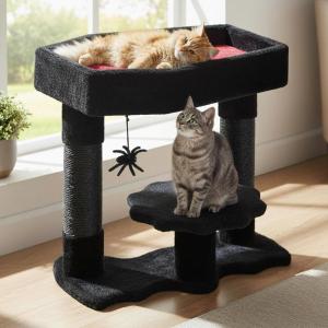 imageBEWISHOME Cat Tree Tower for Indoor Gothic Cat Trees with Coffin Bed Halloween Cat House with Scratching Posts Cat Shelves for Kitten Spider Toy Spooky Coffin Black with Red Small MMJ91RBlack