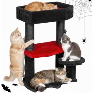 imageBEWISHOME Cat Tree Tower for Indoor Gothic Cat Trees with Coffin Bed Halloween Cat House with Scratching Posts Cat Shelves for Kitten Spider Toy Spooky Coffin Black with Red Small MMJ94R