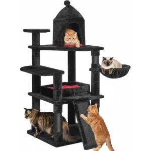 imageBEWISHOME Heavy Cat Tree Larger Gothic Cat Tree with Coffin Bed Halloween Cat Tower for Indoor with Scratching Post Pet Play for Adult Cats Kittens Black with Red MMJ92R