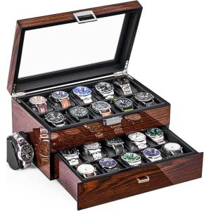 imageBEWISHOME HighEnd Watch Box 20Slot Watch Case with Large Glass Lid Wooden Watch Cases for Men Watch Storage Watch Organizer Synthetic Leather Interior Brown SSH04Y
