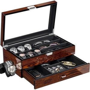 imageBEWISHOME HighEnd Watch Box 6Slot Watch Case and 3 Glasses Case 2Layer Wooden Mens Jewelry Box with Large Glass Lid Watch Display Case for Men Watch Storage PU Leather Interior Brown