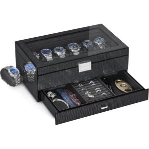 imageBEWISHOME HighEnd Watch Case 12Slot Watch Box with Valet Drawer 2Layer Wooden Watch Display Case for Jewelry Watch Organizer Watch Storage Holder for Men Women Brown SSH02YBlack