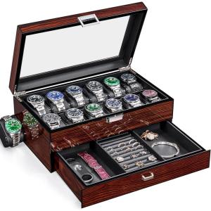 imageBEWISHOME HighEnd Watch Case 12Slot Watch Box with Valet Drawer 2Layer Wooden Watch Display Case for Jewelry Watch Organizer Watch Storage Holder for Men Women Brown SSH02YBrown