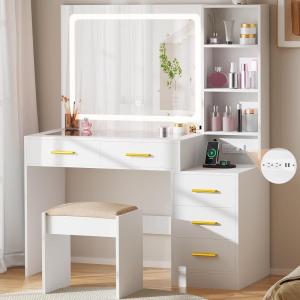 imageBEWISHOME Makeup Vanity Desk with Mirror and LightsWhite Vanity Table with Glass TopMakeup Desk with Power Outlet5 Drawers3 Lighting ModesStoolNightstandDressing Table for Bedroom Girls FST29W