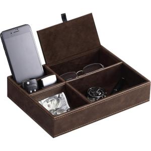 imageBEWISHOME Mens Valet Tray Dresser Organizer Nightstand Organizer for Mens Accessories Jewelries Carbon Fiber Faux Leather Black SSH06CBrown