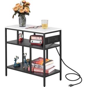 imageBEWISHOME Narrow Side Table with Charging Station Narrow End Table Night Stand Bedside Table with Metal Legs Black Nightstand for Living Room ampamp BedroomSmall Table Accent Table Bed Side Table KTZ03B