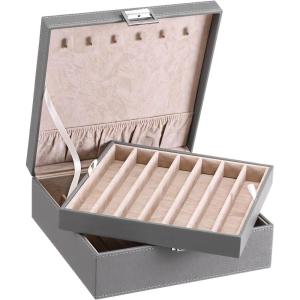 imageBEWISHOME Necklace Organizer Box Necklace Storage Organizer for Chains Bracelets  12 Compartments 7 regular  5 large 6 Hooks 2 Layers  Jewelry Box for Women GirlsBlack SSH31BGrey