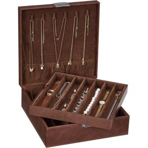 imageBEWISHOME Necklace Organizer Box Necklace Storage Organizer for Chains Bracelets  12 Compartments 7 regular  5 large 6 Hooks 2 Layers  Jewelry Box for Women GirlsBlack SSH31BBrown