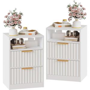 imageBEWISHOME Night Stands Set of 2 Fluted Bedside Table with 2 Drawers Modern Bedside Table for Bedroom End Table with Golden Metal Handles for RoomWhiteFCG01W