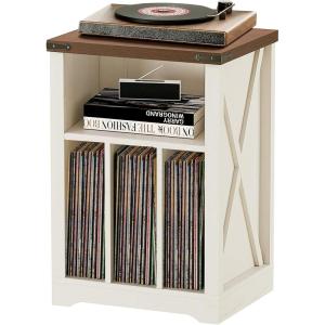 imageBEWISHOME Record Player Stand with 3 Cabinets Wooden Turntable Stand with Vinyl Record Storage Record Holder and Organizer Table for Living Room Bedroom White Antique KCZ01W