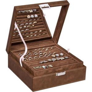 imageBEWISHOME Ring Organizer and Earring Box Holder  11 Ring Slots 25 Earring Compartments Large Mirror 2 Layers Jewelry Box Tray Cufflinks Storage for Girls Women Men Black Faux Leather SSH21BBrown