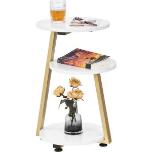 imageBEWISHOME Round End Table Side Table with Metal Frame Accent Bedside Table Nightstand with 3Tier Shelves Small Couch Table for Living Room Bedroom White Gold KTZ41MWhite