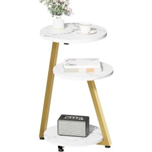 imageBEWISHOME Round End Table Side Table with Metal Frame Accent Bedside Table Nightstand with 3Tier Shelves Small Couch Table for Living Room Bedroom White Gold KTZ41MGoldmarble