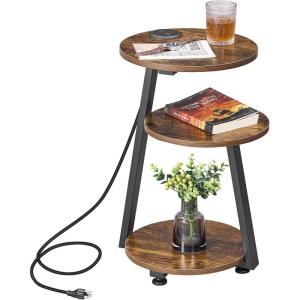 imageBEWISHOME Round End Table with Charging Station Side Accent Table with 3Tier Shelves Small Couch Table for Living Room Greige KTZ51GRustic Brown