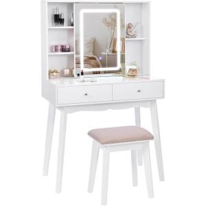 imageBEWISHOME Small Vanity Desk with Mirror and LightsMakeup Vanity White Vanity Set Makeup Desk with 3 Color LightingGirls Vanity Table with Cabinet ampamp 2 DrawersDressing Table Makeup Table FST15M