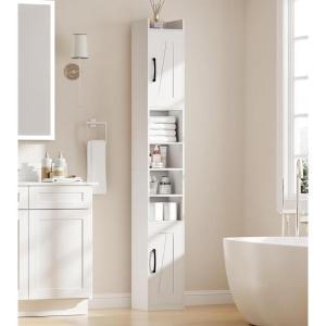 imageBEWISHOME Tall Bathroom Storage Cabinet Slim Bathroom Storage Cabinet with 2 Doors ampamp Adjustable Shelf Freestanding Narrow Organizers Cabinet for Corner Floor Farmhouse 95 Inches Wide White YYG02W