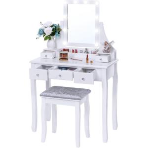 imageBEWISHOME Vanity Desk Girls Vanity Set with Mirror and LightsSmall Makeup Vanity Table with 5 Drawer ampamp StoolDressing Table with 3 Colors Lighting Adjustable Brightness for Girls White FST07W10 bulbs