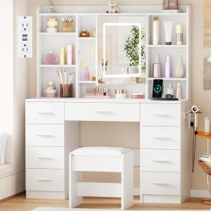 imageBEWISHOME Vanity Desk with Mirror and Lights Makeup Vanity Table with Power OutletStool Vanity Table with 9 Drawers 6 Storage Shelves Jewelry StorageDressing Table for Bedroom Girls White FST36W